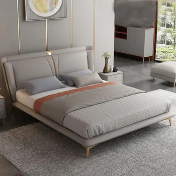Итальянская светлая роскошная кожаная кровать 1,8 м в скандинавском минималистичном стиле главная спальня мягкая кровать двуспальная кровать производитель мебели прямые продажи
