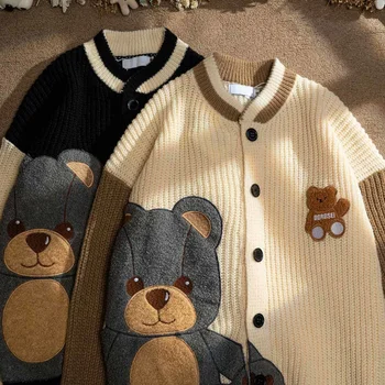 Кардиган в японском стиле с милым медведем, свитер Для мужчин, женщин, Весна и осень, Повседневные свободные вязаные свитера, топы в стиле хип-хоп