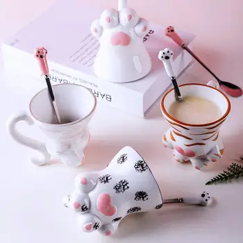Керамическая чашка с Кошачьим когтем для кофе, Молочный завтрак, Десерт, детская индивидуальная чашка для молока с ложкой, Домашний декор, современный подарок