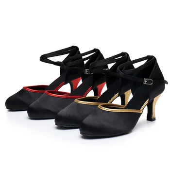 Классические женские туфли для латиноамериканских танцев, женские атласные босоножки для бальных танцев, танго и джаза для взрослых, Мягкая замшевая подошва, каблук 5 см / 7 см, 2 цвета