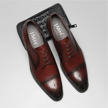 Кожаная обувь для мужчин, повседневная деловая обувь, заостренная строчка с тиснением в виде воловьего волоса, шнуровка из натуральной кожи, мужская свадебная обувь