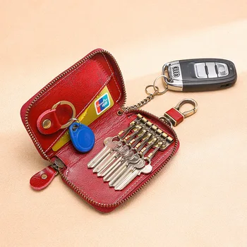 Кожаная сумка-ключница на молнии для женщин и мужчин, чехол для ключей от машины с металлическим крючком и брелоком, держатель для карт, организованный чехол, брелок-кошелек