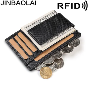 Кожаный ультратонкий держатель для RFID-карт, модный короткий кожаный бумажник первого слоя, мужской / женский кошелек с пряжкой в виде сэндвича с долларом