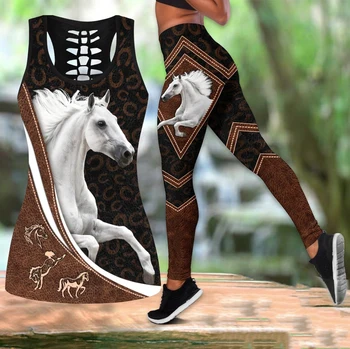 Комбинированные леггинсы Love Horse и майка с принтом, комплект для йоги, жилет без рукавов, летние наряды, 6 стилей для женщин 2023, Большие размеры