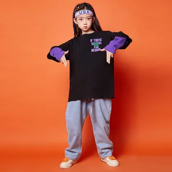 Комплект детской одежды в стиле хип-хоп, черная свитшот, уличная одежда для девочек, Летний спортивный костюм для девочек, танцевальные костюмы для подростков.