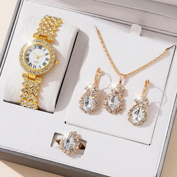 Комплект из 4 шт., роскошные часы, женские модные элегантные наручные часы со стразами, кварцевые часы, женские часы для женщин Relogio