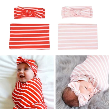 Комплект повязок на голову с одеялом в полоску для младенцев, муслиновая пеленка для новорожденных, спальный мешок для новорожденных, лента для волос G99C