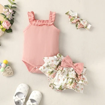 Комплекты Летней одежды для маленьких девочек для малышей, Розовый топ-комбинация + шорты из полипропилена, костюм с цветочным принтом, модная одежда для младенцев, наряд