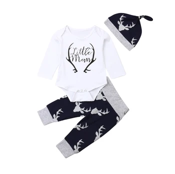 Комплекты одежды для новорожденных мальчиков 0-18 м, Комбинезон с длинным рукавом, Леггинсы с оленем, Шляпа, Комплект одежды