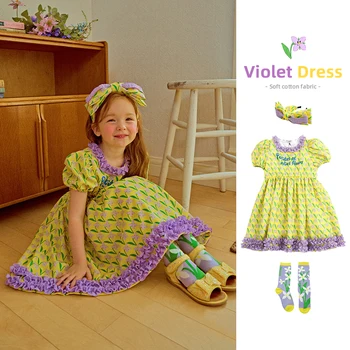 Корейская детская одежда, платье принцессы для девочек, новинка 2023 года, летние слитные юбки в желтый цветок для маленьких девочек, детская одежда