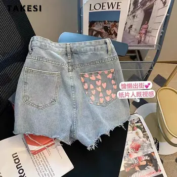 Корейские джинсовые шорты Y2K Harajuku с высокой талией и принтом в виде сердца 2023, Летние Женские модные Сексуальные джинсовые шорты с кисточками, приталенные Синие джинсовые шорты