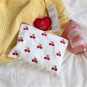 Косметички с вишневой вышивкой, сумка для губной помады на молнии, Ins Kawaii, холщовая сумка для девочек в стиле ретро, косметичка для макияжа, необходимая вещь