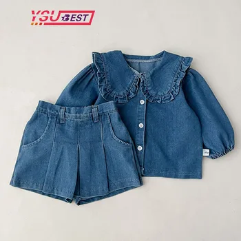 Костюм для маленьких девочек в корейском стиле, летнее детское пальто для отдыха для девочек, джинсовое пальто с длинными рукавами + джинсовые шорты, комплект из двух предметов