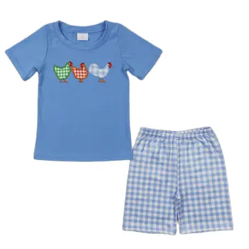 Костюмы для мальчиков, летние футболки с мультяшной вышивкой, клетчатые шорты, повседневная одежда для фермерской жизни, 2 предмета для малышей, верхняя одежда, наряды