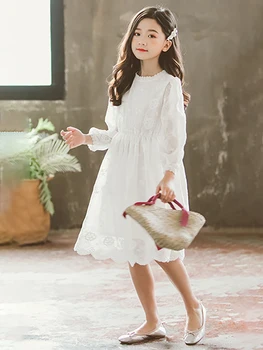 Кружевное платье принцессы для девочек-подростков, Весна-осень 2022, Новое Корейское платье Принцессы с круглым вырезом, Детская одежда, Бальные платья с длинными рукавами, Q40