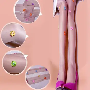 Кружевные носки ручной работы с жемчугом, гладящие носки-дрели, яркие цветы, Шелковые чулки без застежки, колготки-леггинсы