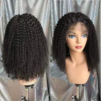 Кудрявый кружевной фронтальный парик из человеческих волос, Кудрявые парики на шнурке 180% плотности для чернокожих женщин с волосами младенца