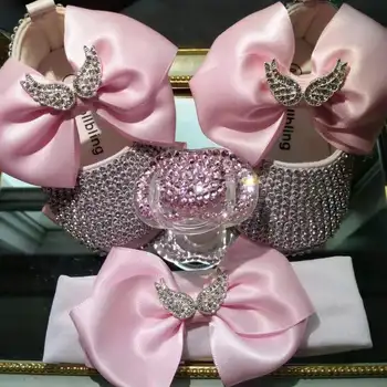 Кукольная Розовая лента с блестящим жемчугом и бриллиантами, обувь для маленьких девочек, повязка на голову с пустышкой, свадебный подарок на память, Конкурс на День рождения новорожденного