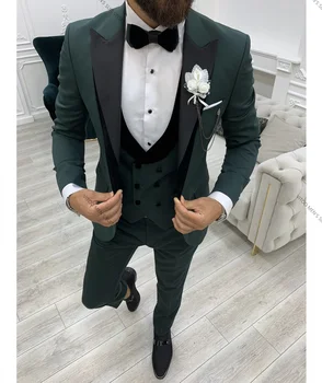 (Куртка + жилет + брюки, зеленый Модный бутик, мужской Повседневный деловой костюм с черным отворотом, социальный официальный костюм, комплект из 3 предметов, свадьба жениха