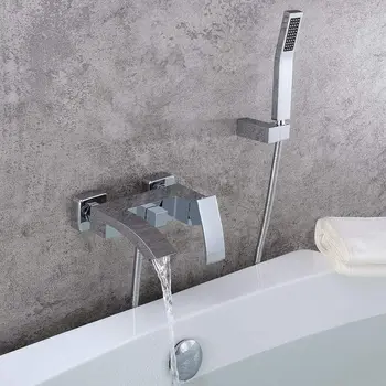 Латунный хромированный настенный смеситель для ванны с водопадом в ванной комнате с ручным душем