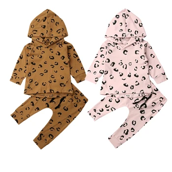 Леопардовые комплекты одежды для новорожденных девочек, пуловер с длинными рукавами, топы с капюшоном + леггинсы, брюки, спортивный костюм