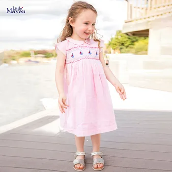 Летнее детское платье для девочек Little maven, розовые вечерние платья с воротником 