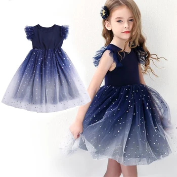 Летнее платье для маленьких девочек, тюлевое платье-пачка с рукавами-звездами, платье-пачка для детей 4-8 лет, Элегантное мохнатое платье, одежда для подростков, платье