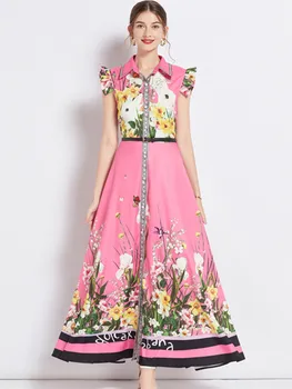 Летнее платье Макси с цветочным рисунком для подиума, женское платье без рукавов с оборками, Однобортный пояс с цветочным принтом, Длинное праздничное платье