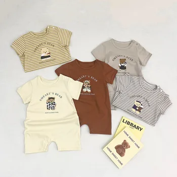 Летний Комбинезон Для маленьких мальчиков с коротким рукавом и рисунком Мультяшного Медведя, Муслиновое Полосатое Однотонное Милое боди для новорожденных, одежда для маленьких мальчиков