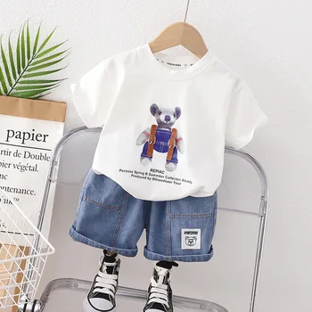 Летний комплект одежды для маленьких мальчиков, Корейская детская одежда, пуловер с мультяшным принтом, футболки с короткими рукавами, топы и джинсовые шорты, спортивные костюмы