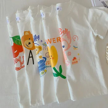 Летний комплект одежды для маленьких девочек 2023 года, Хлопковые свободные шорты в клетку, Костюм с рисунком Мультяшного Медведя, Цветы, Вишневый низ, Детские наряды
