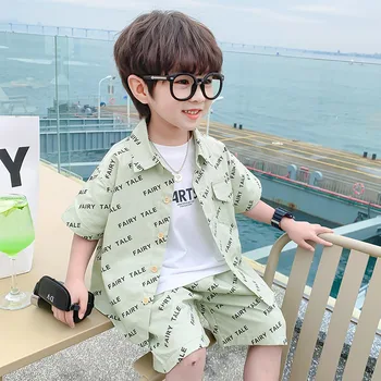 Летний костюм для мальчиков 2023 года, Новые детские топы и брюки, повседневная Корейская универсальная бутик-одежда из двух предметов, одежда для мальчиков в простом стиле