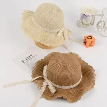 Летняя Детская соломенная шляпа с кружевной лентой для девочек, Детская Солнцезащитная Кепка, Пляжная панама для девочек