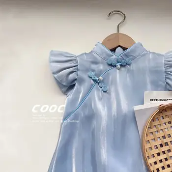 Летняя мода 2023 года с голубым жемчугом и пуговицами ручной работы с короткими рукавами Cheongsam для детей в китайском стиле для девочек Платья принцесс