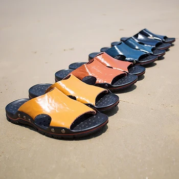 Летняя мужская обувь из натуральной кожи, модные противоскользящие тапочки, Пляжная обувь, брендовые вьетнамки, Мужские сандалии, мужские шлепанцы, большие размеры 38-48