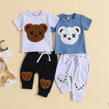 Летняя Одежда для маленьких мальчиков, топы с короткими рукавами и медведем + штаны для бега на завязках, костюм из 2 предметов, одежда для младенцев