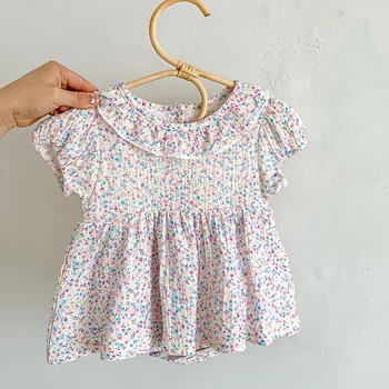 Летняя одежда для маленьких девочек, комбинезон для новорожденных девочек, хлопковый комбинезон с короткими рукавами и принтом для маленьких девочек