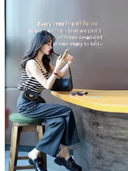 Летняя трикотажная майка в полоску в корейском стиле ретро, бросающая вызов возрасту, + маленькие повседневные брюки с высокой талией и широкими штанинами, комплект из одного / двух предметов