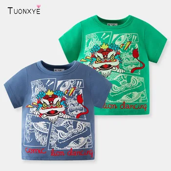 Летняя футболка для мальчиков TUONXYE с коротким рукавом и рисунком льва из мультфильма, Хлопковая мягкая дышащая детская одежда-пуловер в китайском стиле