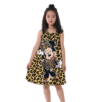 Милое платье Disney Minnie Mouse с леопардовым принтом для девочек от 2 до 16 лет Платья для вечеринки по случаю дня рождения Детские Топы для девочек Одежда для маленьких девочек