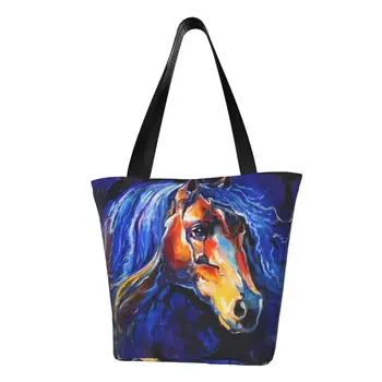 Модная сумка для покупок в стиле лошадиного акварельного абстрактного искусства, продукты для переработки животных, холщовая сумка для покупок через плечо