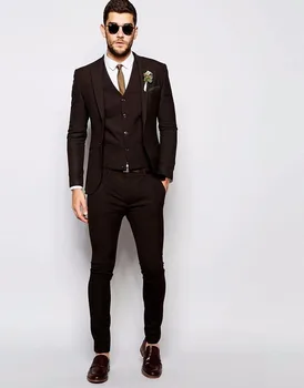 Модные коричневые смокинги для жениха, мужские свадебные костюмы для жениха на выпускной (пиджак + брюки + жилет + галстук)