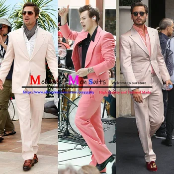 Модный розовый официальный деловой блейзер, Классические мужские повседневные костюмы, Винтажный свадебный смокинг жениха, комплекты из 2 предметов, костюм (куртка + брюки)