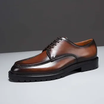 Мужская кожаная обувь, роскошные деловые оксфордские кружевные коричневые туфли, мужские дышащие резиновые вечерние туфли, Мужские офисные свадебные туфли.