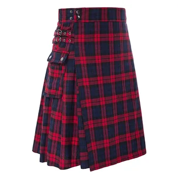 Мужская модная шотландская юбка в клетку контрастного цвета с карманами, плиссированные юбки в шотландскую клетку с традиционным клетчатым поясом, плиссированные юбки в шотландскую клетку