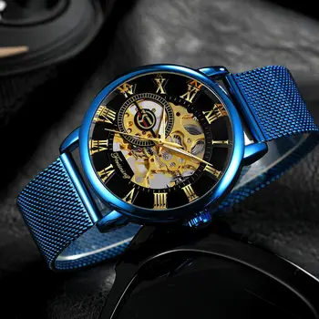 Мужские деловые Механические часы с ручным заводом Золотой Скелет Аналоговые Спортивные Синие часы с ремешком из нержавеющей стали