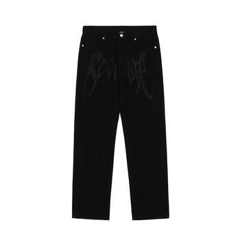 Мужские джинсы Y2K с вышивкой, джинсы с низкой талией, модные высокие уличные джинсовые брюки, Свободные прямые брюки, уличная одежда в стиле хип-хоп, Черная одежда