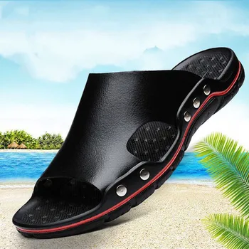 Мужские кожаные сандалии 2023, Летние качественные пляжные тапочки, Повседневная обувь, Уличная пляжная обувь на плоской подошве, Большой размер 45