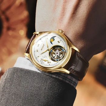 Мужские наручные часы AESOP Top Real Tourbillion с сапфировым стеклом и римским циферблатом; водонепроницаемые механические часы с фазой Луны.