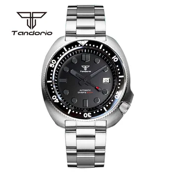 Мужские часы для дайвинга Tandorio Dress 44 мм 20 бар NH35 с автоматическим управлением, корпус из сапфирового стекла, матовый корпус, черный циферблат, отображение даты, керамический безель